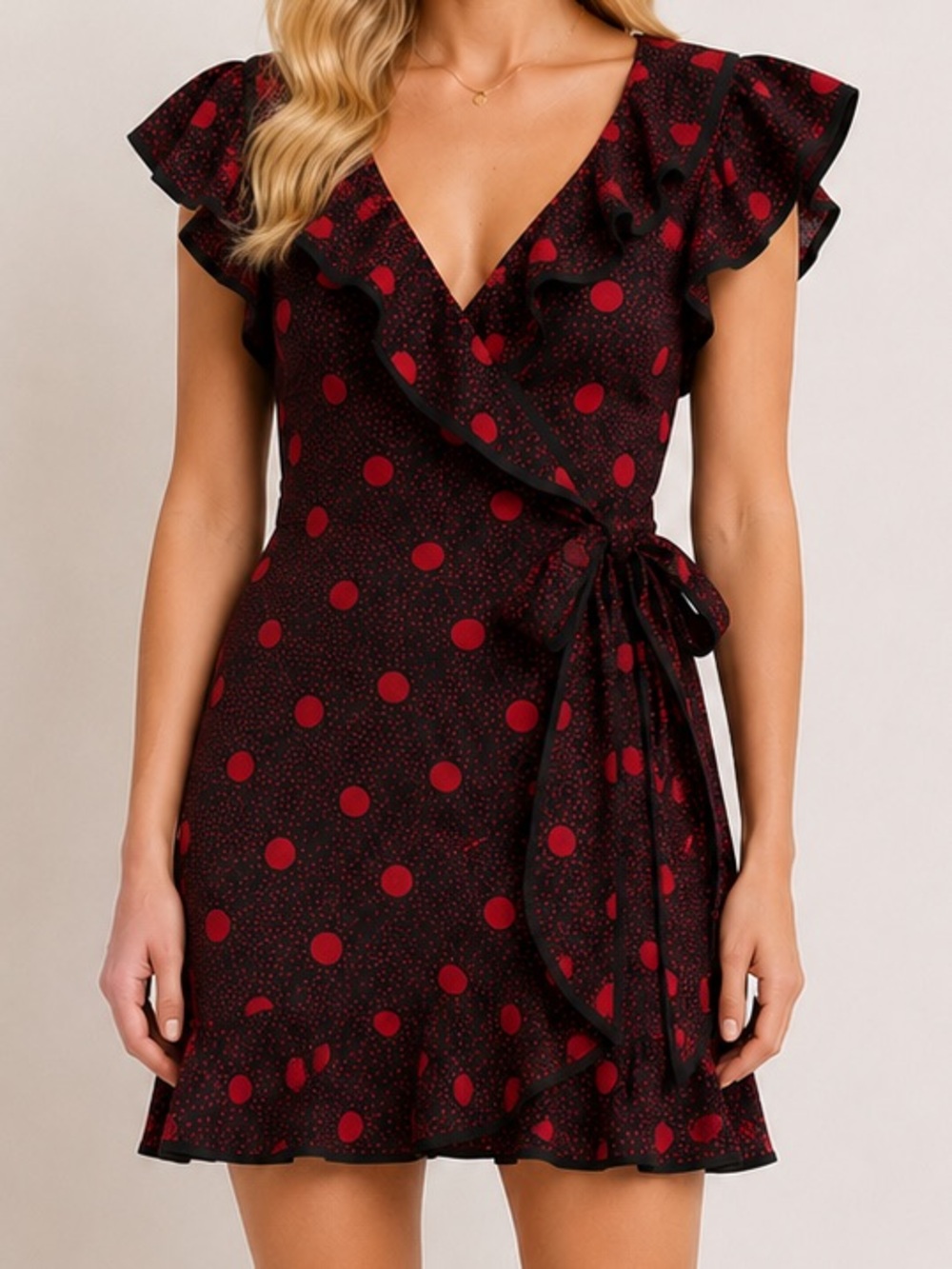 Karen Walker Black Red Polka Dot Ruffled Mini Wrap Dress 8